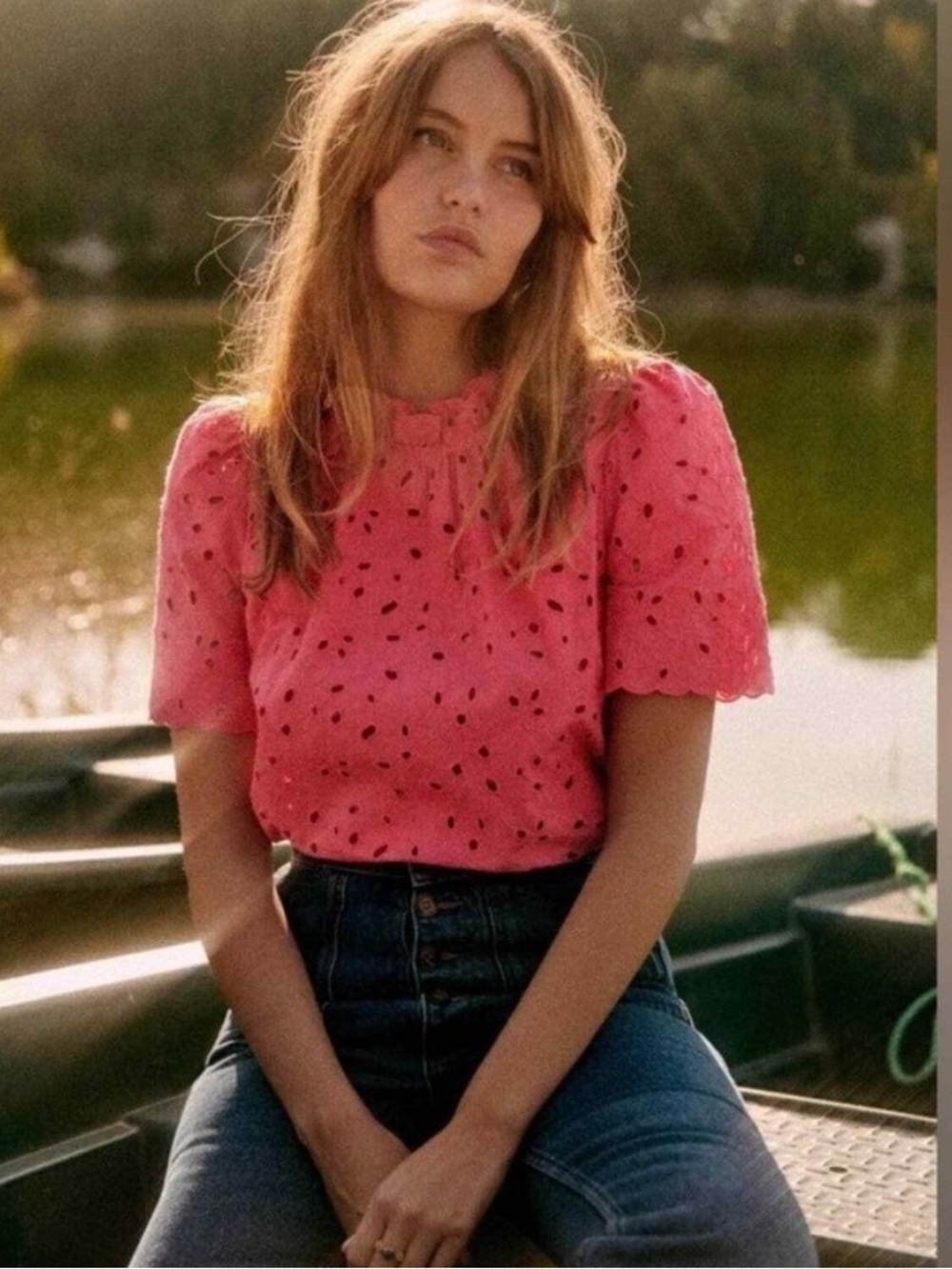 Sezane Louisah Blouse in Fuchsia Size 42 10 Eyelet Top